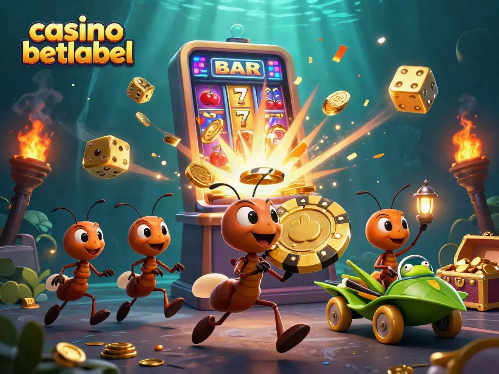 Ants steal a golden poker chip in a vibrant casino betlabel scene with slot machines and fireworks.
