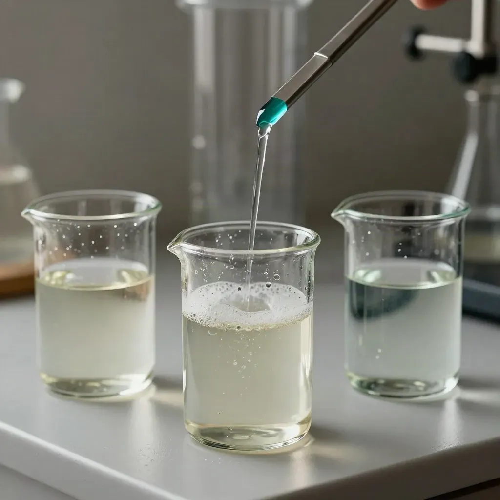Tres vasos de precipitados y un cilindro de ensayo burbujeando dentro de una campana de extracción.