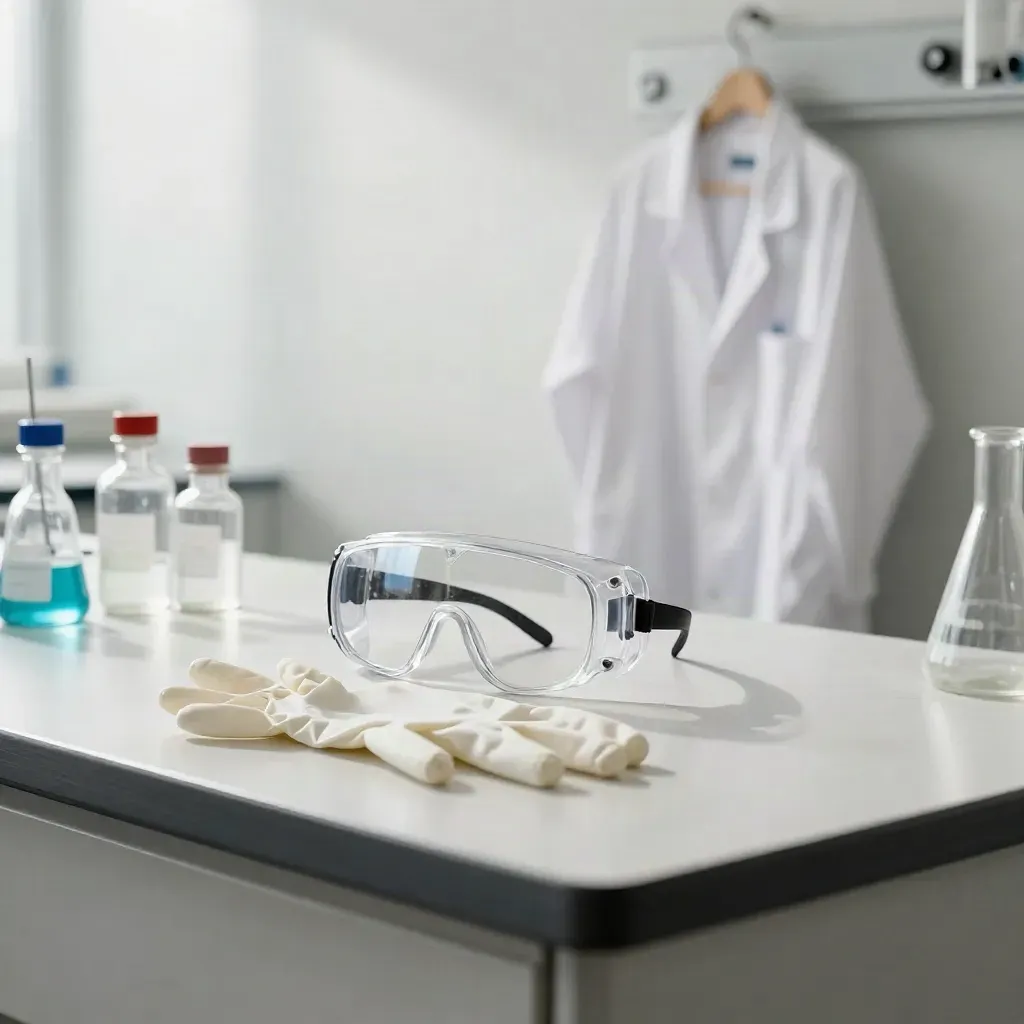 Gafas de seguridad, guantes de nitrilo, bata colgada y frascos cerrados en un laboratorio limpio.