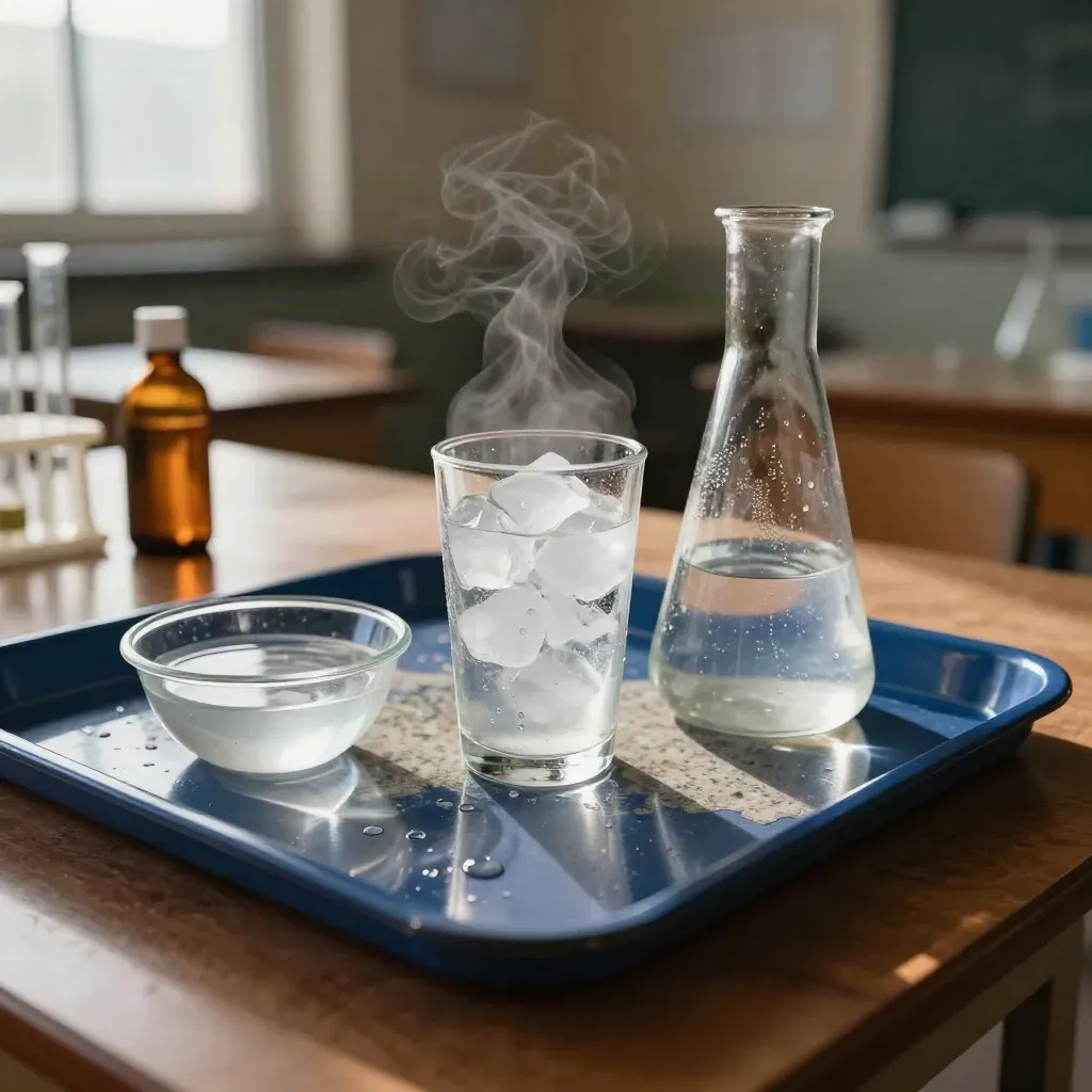 Vaso con hielo derritiéndose y condensación junto a agua tibia en una mesa de química.
