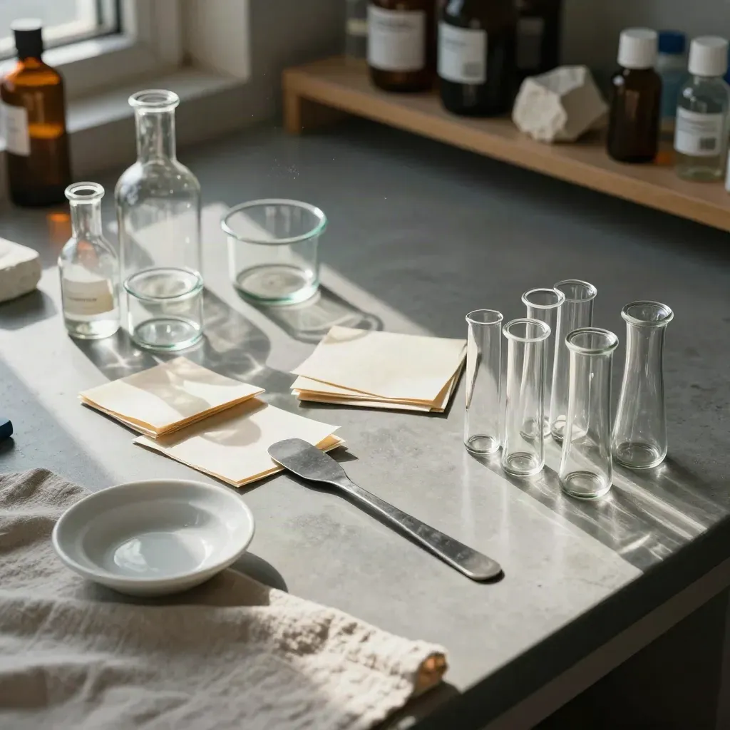 Muestras de química desordenadas frente a una alineación correcta sobre mesa de laboratorio.