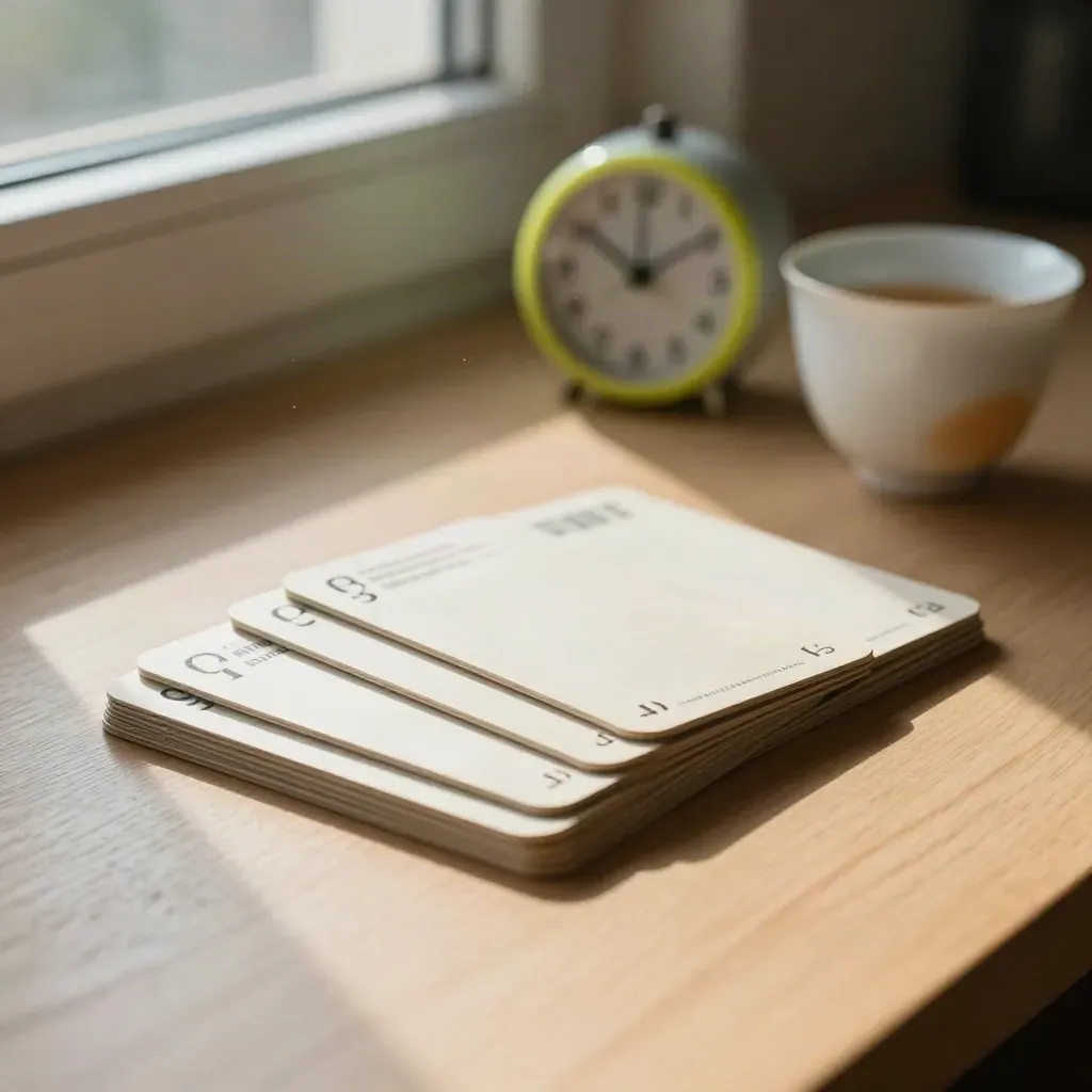 Seis tarjetas de repaso boca abajo, temporizador analógico y taza pequeña en luz cálida.