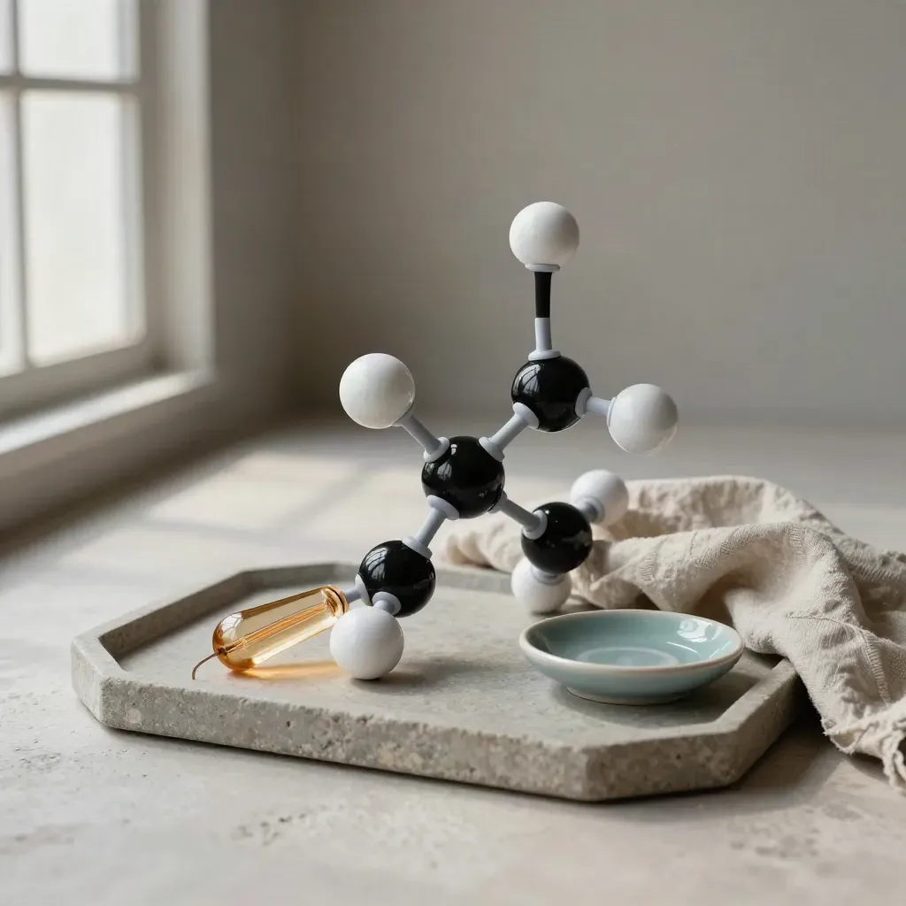Modelo molecular de bolas negras y blancas sobre bandeja de piedra con lino y vidrio ámbar.