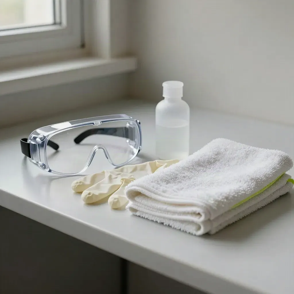 Kit de laboratorio escolar con gafas, guantes, frasco cerrado y toalla doblada en una repisa clara.