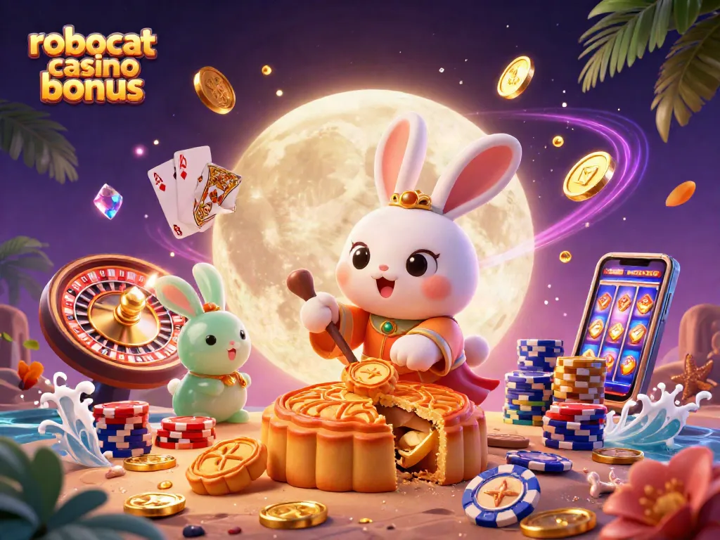 Experience the enchanting robocat casino bonus with charming rabbits and casino elements in a vibrant 3D scene.