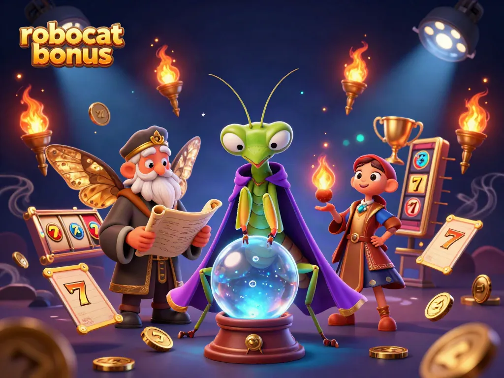 Experience the excitement of the robocat bonus with a vibrant 3D casino scene featuring lucky charms and rewards.